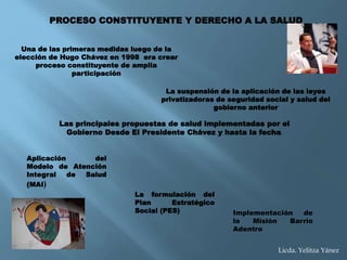 PROCESO CONSTITUYENTE Y DERECHO A LA SALUD
Una de las primeras medidas luego de la
elección de Hugo Chávez en 1998 era crear
proceso constituyente de amplia
participación
La suspensión de la aplicación de las leyes
privatizadoras de seguridad social y salud del
gobierno anterior
Las principales propuestas de salud implementadas por el
Gobierno Desde El Presidente Chávez y hasta la fecha.
Aplicación del
Modelo de Atención
Integral de Salud
(MAI)
La formulación del
Plan Estratégico
Social (PES) Implementación de
la Misión Barrio
Adentro
Licda. Yelitza Yánez
 