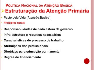 POLÍTICA NACIONAL DA ATENÇÃO BÁSICA
Estruturação da Atenção Primária
• Pacto pela Vida (Atenção Básica)
• Princípios gerais
• Responsabilidades de cada esfera de governo
• Infra-estrutura e recursos necessários
• Características do processo de trabalho
• Atribuições dos profissionais
• Diretrizes para educação permanente
• Regras de financiamento
 