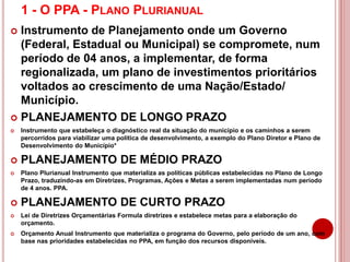 1 - O PPA - PLANO PLURIANUAL
 Instrumento de Planejamento onde um Governo
(Federal, Estadual ou Municipal) se compromete, num
período de 04 anos, a implementar, de forma
regionalizada, um plano de investimentos prioritários
voltados ao crescimento de uma Nação/Estado/
Município.
 PLANEJAMENTO DE LONGO PRAZO
 Instrumento que estabeleça o diagnóstico real da situação do município e os caminhos a serem
percorridos para viabilizar uma política de desenvolvimento, a exemplo do Plano Diretor e Plano de
Desenvolvimento do Município*
 PLANEJAMENTO DE MÉDIO PRAZO
 Plano Plurianual Instrumento que materializa as políticas públicas estabelecidas no Plano de Longo
Prazo, traduzindo-as em Diretrizes, Programas, Ações e Metas a serem implementadas num período
de 4 anos. PPA.
 PLANEJAMENTO DE CURTO PRAZO
 Lei de Diretrizes Orçamentárias Formula diretrizes e estabelece metas para a elaboração do
orçamento.
 Orçamento Anual Instrumento que materializa o programa do Governo, pelo período de um ano, com
base nas prioridades estabelecidas no PPA, em função dos recursos disponíveis.
 