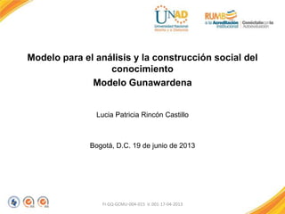 Modelo para el análisis y la construcción social del
conocimiento
Modelo Gunawardena
Lucia Patricia Rincón Castillo
Bogotá, D.C. 19 de junio de 2013
FI-GQ-GCMU-004-015 V. 001-17-04-2013
 