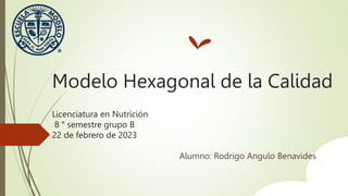Modelo Hexagonal de la Calidad
Licenciatura en Nutrición
8 ° semestre grupo B
22 de febrero de 2023
Alumno: Rodrigo Angulo Benavides
 