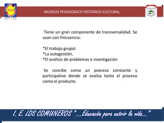 MODELO PEDAGOGICO HISTÓRICO CULTURAL

Tiene un gran componente de transversalidad. Se
usan con frecuencia:
*El trabajo grupal.
*La autogestión.
*El análisis de problemas e investigación
Se concibe como un proceso constante y
participativo donde se evalúa tanto el proceso
como el producto.

I. E. LOS COMUNEROS ” …Educación para nutrir la vida…”

 
