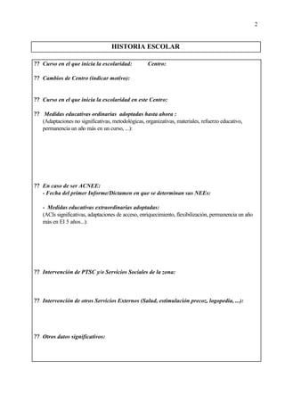 2
HISTORIA ESCOLAR
?? Curso en el que inicia la escolaridad: Centro:
?? Cambios de Centro (indicar motivo):
?? Curso en el...