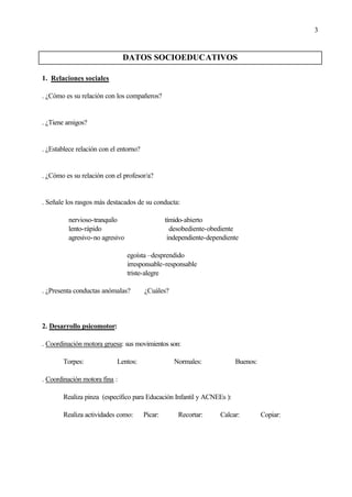 3
DATOS SOCIOEDUCATIVOS
1. Relaciones sociales
. ¿Cómo es su relación con los compañeros?
. ¿Tiene amigos?
. ¿Establece re...