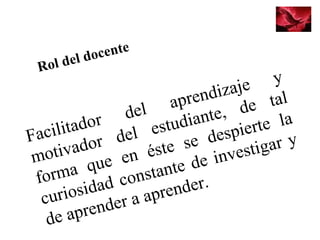 Facilitador del aprendizaje y
motivador del estudiante, de tal
forma que en éste se despierte la
curiosidad constante de investigar y
de aprender a aprender.
Rol del docente
 