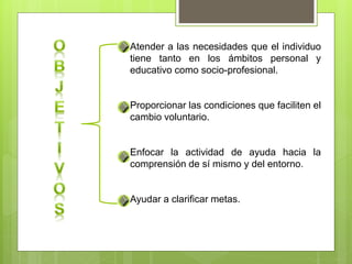 Atender a las necesidades que el individuo
tiene tanto en los ámbitos personal y
educativo como socio-profesional.
Proporcionar las condiciones que faciliten el
cambio voluntario.
Enfocar la actividad de ayuda hacia la
comprensión de sí mismo y del entorno.
Ayudar a clarificar metas.
 