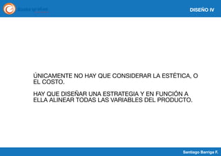 DISEÑO IV

ÚNICAMENTE NO HAY QUE CONSIDERAR LA ESTÉTICA, O
EL COSTO.
HAY QUE DISEÑAR UNA ESTRATEGIA Y EN FUNCIÓN A
ELLA ALINEAR TODAS LAS VARIABLES DEL PRODUCTO.

Santiago Barriga F.

 