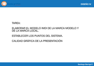 DISEÑO IV

TAREA:
ELABORAR EL MODELO IMDI DE LA MARCA MODELO Y
DE LA MARCA LOCAL.
ESTABLECER LOS PUNTOS DEL SISTEMA.
CALIDAD GRÁFICA DE LA PRESENTACIÓN

Santiago Barriga F.

 