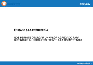 DISEÑO IV

EN BASE A LA ESTRATEGIA
NOS PERMITE OTORGAR UN VALOR AGREGADO PARA
DISTINGUIR AL PRODUCTO FRENTE A LA COMPETENCIA

Santiago Barriga F.

 
