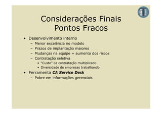 Considerações Finais
             Pontos Fracos
• Desenvolvimento interno
   –   Menor excelência no modelo
   –   Prazos de implantação maiores
   –   Mudanças na equipe = aumento dos riscos
   –   Contratação seletiva
                ã    l
        • “Custo” da contratação multiplicado
        • Diversidade de empresas trabalhando
• Ferramenta CA Service Desk
   – Pobre em informações gerenciais
 