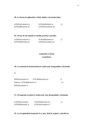 70
28.- La forma de aplicación es fácil, rápida y sin mucho dolor.
a) Definitivamente sí. b) Probablemente sí. c)
Indeciso.d) Probablemente no. e) Definitivamente no.
29.- El uso de este método es sencillo, practico y privado.
a) Definitivamente sí. b) Probablemente sí. c)
d) Probablemente no. e) Definitivamente no
Aceptación a efectos
secundarios
30.- La ausencia de menstruación le resulta muy desagradable e incómodo.
a)
Definitivamente no. b) Probablemente no. c)
Indeciso. d) Probablemente sí. e)
Definitivamente sí.
31.- El sangrado en goteo le resulta (ría) muy desagradable e incómodo.
a) Definitivamente
no.
b) Probablemente no. c)
Indeciso.d) Probablemente sí. e) Definitivamente sí.
32.- La irregularidad menstrual le es muy fácil de aceptar o sobrellevar.
 