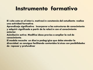 Instrumento formativo
El éxito esta en el interés, motivación constancia del estudiante: realiza
una actividad formativa.
Aprendizaje significativo: Incorporar a las estructuras de conocimiento
y adquirir significado a partir de la relación con el conocimiento
anterior.
Asimilación activa: Modifica ideas previas a ampliar la red de
conocimiento.
El modelo necesita un diseño pedagógico que deba atender la
diversidad, se consigue facilitando contenidos básicos con posibilidades
de reposar y profundizar
 