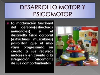    La maduración funcional
    del    cerebro(estructuras
    neuronales)        y    el
    desarrollo físico corporal
    (estructuras musculares)
    posibilitan que el niño
    vaya progresando en
    cuanto a sus recursos
    motores y en cuento a la
    integración     psicomotriz
    de sus comportamientos.
 
