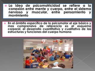   La idea de psicomotricidad se refiere a la
    conexión entre mente y cuerpo, entre el sistema
    nervioso y muscular, entre pensamiento y
    movimiento

   En el ámbito específico de lo psicomotor el eje básico y
    mas comprensivo de referencia es el esquema
    corporal, el desarrollo cuantitativo y cualitativo de las
    estructuras y funciones del cuerpo humano
 