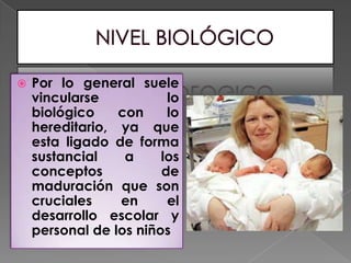    Por lo general suele
    vincularse           lo
    biológico    con     lo
    hereditario, ya que
    esta ligado de forma
    sustancial    a     los
    conceptos           de
    maduración que son
    cruciales    en      el
    desarrollo escolar y
    personal de los niños
 