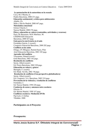 Modelo Integral de Convivencia en Centros Educativos   Curso 2009/2010

La potenciación de la autoestima en la escuela
Cava, M.J./Musitu, G.
Paidós Barcelona, 2000 231 pags.
Educación sentimental y erótica para adolescentes
Altable, Ch.
Miño y Dávila Madrid, 2000 447 pags.
Matemática emocional
Gómez Chacón, I.
Narcea Madrid, 2000 276 pags.
Ética y educación en valores (contenidos, actividades y recursos)
Payá, M./Buxarrais, M.R./Martínez, M.
CISSPRAXIS Educación
Barcelona, 2000 427 pags.
Guía para la convivencia en el aula
Fernández García, I. (coord.)
Cisspraxis Educación Barcelona, 2000 202 pags.
Conflicto en las aulas
Ortega, J.P./Mínguez, Ramón/Saura, Pilar
Ariel Educación Barcelona, 2003 185 pags.
Aprender del conflicto
Vinyamata, Eduard (coord.)
Graó Barcelona, 2003 142 pags.
Resolución de conflictos
Serrat, Albert (coord.)
Ed. Praxis Barcelona, 2002 220 pags.
Educación en valores y género
Barragán, F. (coord.)
Ed. Díada Sevilla, 2002 94 pags.
Resolución de conflictos (Una perspectiva globalizadora)
Serrat, Albert (coord.)
Ed. Cisspraxis S.A. Barcelona, 2002 219 pags.
Prevención de la violencia y resolución de conflictos
Fernández, I.
Ed. Narcea Madrid, 1998 228 pags.
Conductas de acoso y amenaza entre escolares
Olweus, D.
Ed. Morata Madrid, 1998 167 pags.
Conflictos escolares: Mediación DVDs
Pep Led y J. Girbau
Tibidabo. 2008


Participantes en el Proyecto:




Presupuesto:

María Jesús Suárez S.F. “Modelo Integral de Convivencia”
                                                   Página 17
 