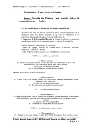 Modelo Integral de Convivencia en Centros Educativos           Curso 2009/2010

                  Comunicaciones de experiencias profesionales.


           -      Padres: Escuela de Padres                   que trabaje sobre la
       comunicación en las            familias.


       2ª Fase: La Mediación en la Resolución pacífica de los conflictos.

       -       Incidencia del Plan de Acción Tutorial en dar a conocer el proceso de la
               mediación como una buena estrategia de resolver las diferencias a los
               alumnos y alumnas de Educación Secundaria Obligatoria.
       -       I Encuentro de la Comunidad Educativa (Padres, Profesores y Alumnos)
               para formarse en las estrategias que requiere el proceso de mediación.

               Mañana: Ponencia: Tratamiento de conflictos
               Trabajo en Equipo: Análisis de DVD’s sobre “Conflictos escolares:
               Mediación” Ediciones Tibidabo.
               Tarde: Preparación de simulaciones y role playing. Conclusiones.

                            TEMA A. Los conflictos escuela/familia.


                              1.- Planteamiento
    2.- Casos prácticos: casos reales de falta de confianza mutua y de
            interferencia de funciones entre escuela y familia.
                        3.- Signos de alerta (debate)
                  4.- Orientaciones (pautas de actuación)

TEMA B. Los conflictos profesorado/alumnado.


                             1.- Planteamiento
2.- Casos prácticos: casos reales de indisciplina y faltas de respeto entre
                           profesores y alumnos.
                       3.- Signos de alerta (debate)
                 4.- Orientaciones (pautas de actuación)

                             TEMA C. Los conflictos entre alumnos.


                               1.- Planteamiento
2.- Casos prácticos: casos reales de violencia verbal (insultos, amenazas)
   y física (golpes, peleas) y de acoso continuado entre compañeros de
                                      clase.
                         3.- Signos de alerta (debate)
                   4.- Orientaciones (pautas de actuación)

                          TEMA D. Los conflictos en el entorno escolar.


                            1.- Planteamiento
 2.- Casos prácticos: casos reales de tráfico de drogas fuera del centro,

María Jesús Suárez S.F. “Modelo Integral de Convivencia”
                                                   Página 5
 