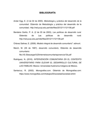 BIBLIOGRAFÍA
Ander Egg, E. (3 de 02 de 2000). Metodología y práctica del desarrollo de la
comunidad. Obtenido de Metodología y práctica del desarrollo de la
comunidad.: http://red.pucp.edu.pe/ridei/files/2012/11/121108.pdf
Bandeira Greño, P. A. (2 de 05 de 2003). Las políticas de desarrollo rural.
Obtenido de Las políticas de desarrollo rural:
http://red.pucp.edu.pe/ridei/files/2012/11/121108.pdf
Chávez Salinas, E. (2008). Modelo integral de desarrollo comunitario". edmunt.
March, M. (05 de 1967). desarrollo comunitario. Obtenido de desarrollo
comunitario:
file:///E:/Descargas%20internet/acomunitariaponencia13b.pdf
Rodríguez, N. (2016). INTERVENCIÓN COMUNITARIA EN EL CONTEXTO
UNIVERSITARIO PARA ELEVAR EL DESARROLLO CULTURAL DE
LAS FAMILIAS. Mexico: Universidad Autónoma Indígena de México.
Santacruz, R. (2002). Monografias.com. Obtenido de Monografias.com:
https://www.monografias.com/trabajos35/sociedad/sociedad.shtml
 