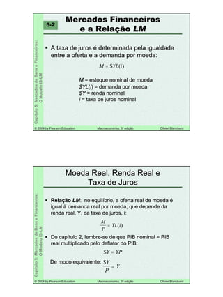 55
©© 20042004 byby PearsonPearson EducationEducation Macroeconomia, 3Macroeconomia, 3ªª ediediççãoão OlivierOlivier BlanchardBlanchard
Capítulo5:MercadosdeBenseFinanceiros:
OModeloIS-LM
Mercados FinanceirosMercados Financeiros
e a Relae a Relaççãoão LMLM
A taxa de jurosA taxa de juros éé determinada pela igualdadedeterminada pela igualdade
entre a oferta e a demanda por moeda:entre a oferta e a demanda por moeda:
5-2
M YL i= $ ( )
MM = estoque nominal de moeda= estoque nominal de moeda
$YL$YL((ii) = demanda por moeda) = demanda por moeda
$Y$Y = renda nominal= renda nominal
ii = taxa de juros nominal= taxa de juros nominal
©© 20042004 byby PearsonPearson EducationEducation Macroeconomia, 3Macroeconomia, 3ªª ediediççãoão OlivierOlivier BlanchardBlanchard
Capítulo5:MercadosdeBenseFinanceiros:
OModeloIS-LM
Moeda Real, Renda Real eMoeda Real, Renda Real e
Taxa de JurosTaxa de Juros
RelaRelaççãoão LMLM: no equil: no equilííbrio, a oferta real de moedabrio, a oferta real de moeda éé
igualigual àà demanda real por moeda, que depende dademanda real por moeda, que depende da
renda real, Y, da taxa de juros, i:renda real, Y, da taxa de juros, i:
M
P
YL i= ( )
$Y YP=
Do capDo capíítulo 2, lembretulo 2, lembre--se de que PIB nominal = PIBse de que PIB nominal = PIB
real multiplicado peloreal multiplicado pelo deflatordeflator do PIB:do PIB:
$Y
P
Y=
De modo equivalente:De modo equivalente:
 