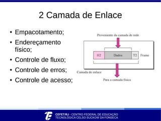 2 Camada de Enlace
● Empacotamento;
● Endereçamento
físico;
● Controle de fluxo;
● Controle de erros;
● Controle de acesso;
 