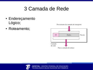 3 Camada de Rede
● Endereçamento
Lógico;
● Roteamento;
 