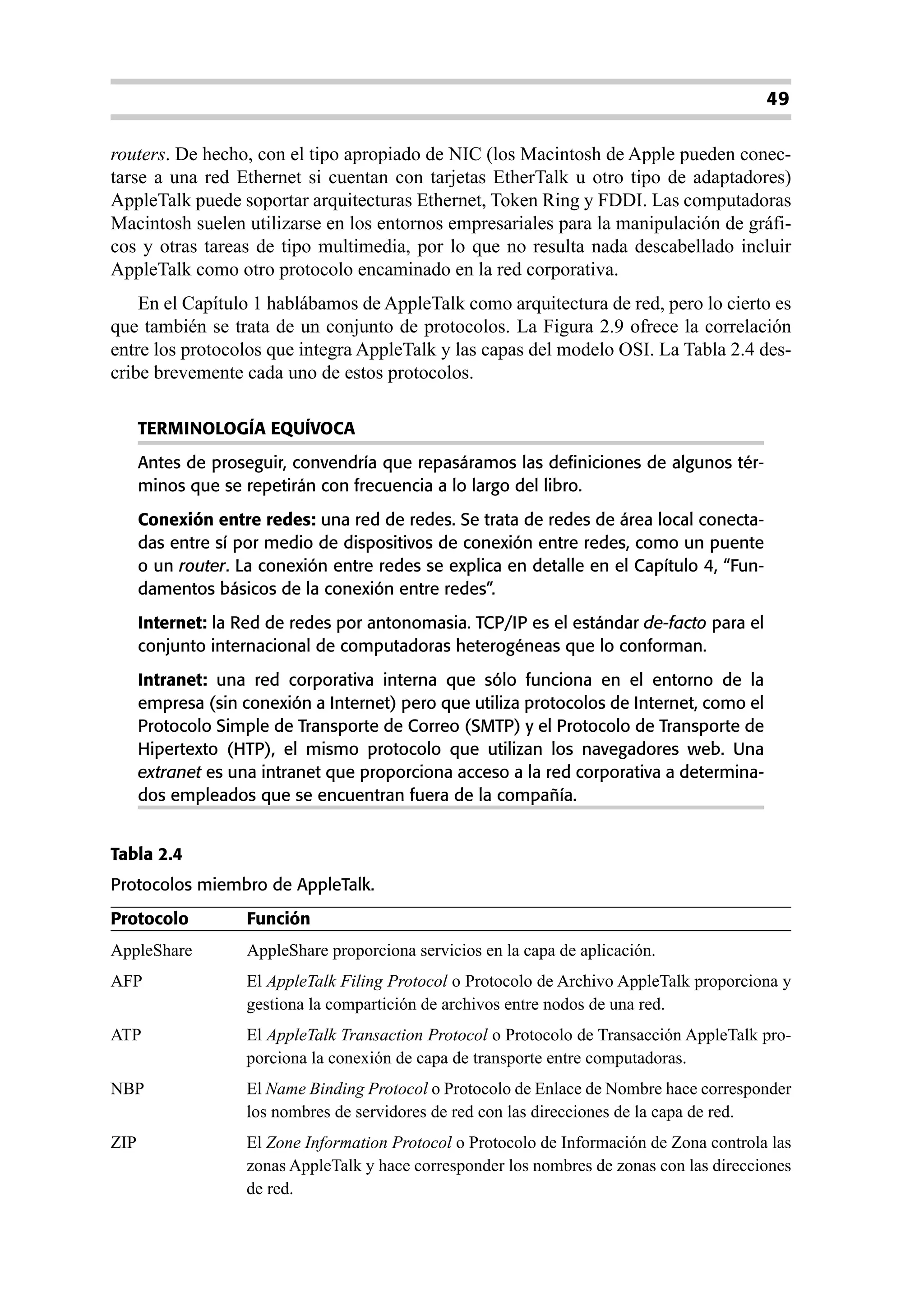 49

routers. De hecho, con el tipo apropiado de NIC (los Macintosh de Apple pueden conec-
tarse a una red Ethernet si cuentan con tarjetas EtherTalk u otro tipo de adaptadores)
AppleTalk puede soportar arquitecturas Ethernet, Token Ring y FDDI. Las computadoras
Macintosh suelen utilizarse en los entornos empresariales para la manipulación de gráfi-
cos y otras tareas de tipo multimedia, por lo que no resulta nada descabellado incluir
AppleTalk como otro protocolo encaminado en la red corporativa.
    En el Capítulo 1 hablábamos de AppleTalk como arquitectura de red, pero lo cierto es
que también se trata de un conjunto de protocolos. La Figura 2.9 ofrece la correlación
entre los protocolos que integra AppleTalk y las capas del modelo OSI. La Tabla 2.4 des-
cribe brevemente cada uno de estos protocolos.

      TERMINOLOGÍA EQUÍVOCA
      Antes de proseguir, convendría que repasáramos las definiciones de algunos tér-
      minos que se repetirán con frecuencia a lo largo del libro.
      Conexión entre redes: una red de redes. Se trata de redes de área local conecta-
      das entre sí por medio de dispositivos de conexión entre redes, como un puente
      o un router. La conexión entre redes se explica en detalle en el Capítulo 4, “Fun-
      damentos básicos de la conexión entre redes”.
      Internet: la Red de redes por antonomasia. TCP/IP es el estándar de-facto para el
      conjunto internacional de computadoras heterogéneas que lo conforman.
      Intranet: una red corporativa interna que sólo funciona en el entorno de la
      empresa (sin conexión a Internet) pero que utiliza protocolos de Internet, como el
      Protocolo Simple de Transporte de Correo (SMTP) y el Protocolo de Transporte de
      Hipertexto (HTP), el mismo protocolo que utilizan los navegadores web. Una
      extranet es una intranet que proporciona acceso a la red corporativa a determina-
      dos empleados que se encuentran fuera de la compañía.


Tabla 2.4
Protocolos miembro de AppleTalk.
Protocolo           Función
AppleShare          AppleShare proporciona servicios en la capa de aplicación.
AFP                 El AppleTalk Filing Protocol o Protocolo de Archivo AppleTalk proporciona y
                    gestiona la compartición de archivos entre nodos de una red.
ATP                 El AppleTalk Transaction Protocol o Protocolo de Transacción AppleTalk pro-
                    porciona la conexión de capa de transporte entre computadoras.
NBP                 El Name Binding Protocol o Protocolo de Enlace de Nombre hace corresponder
                    los nombres de servidores de red con las direcciones de la capa de red.
ZIP                 El Zone Information Protocol o Protocolo de Información de Zona controla las
                    zonas AppleTalk y hace corresponder los nombres de zonas con las direcciones
                    de red.
 