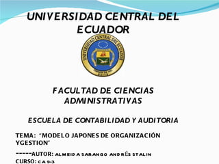 UNIVERSIDAD CENTRAL DEL ECUADOR   FACULTAD DE CIENCIAS ADMINISTRATIVAS ESCUELA DE CONTABILIDAD Y AUDITORIA TEMA:  “MODELO JAPONES DE ORGANIZACIÓN YGESTION” ­­­­­ AUTOR:  ALMEIDA SARANGO ANDRÉS STALIN CURSO:  CA 9-3 