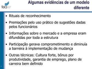 Algumas evidências de um modelo
diferente
• Rituais de reconhecimento
• Premiações pelo uso prático de sugestões dadas
pelos funcionários
• Informações sobre o mercado e a empresa eram
difundidas por toda a estrutura
• Participação gerava comprometimento e diminuía
a barreira à implementação de mudança
• Outras técnicas: Cultura forte, bônus por
produtividade, garantia de emprego, plano de
carreira bem definido
5
 