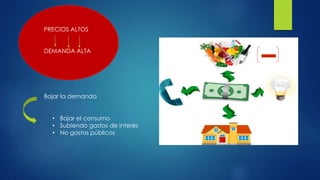 PRECIOS ALTOS
DEMANDA ALTA
Bajar la demanda
• Bajar el consumo
• Subiendo gastos de interés
• No gastos públicos
 