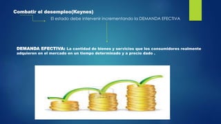 Combatir el desempleo(Keynes)
El estado debe intervenir incrementando la DEMANDA EFECTIVA
DEMANDA EFECTIVA: La cantidad de bienes y servicios que los consumidores realmente
adquieren en el mercado en un tiempo determinado y a precio dado .
 