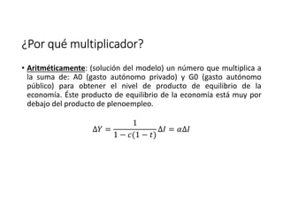 ¿Por qué multiplicador?¿Por qué multiplicador?¿Por qué multiplicador?¿Por qué multiplicador?
• Aritméticamente: (solución del modelo) un número que multiplica a
la suma de: A0 (gasto autónomo privado) y G0 (gasto autónomo
público) para obtener el nivel de producto de equilibrio de la
economía. Éste producto de equilibrio de la economía está muy por
debajo del producto de plenoempleo.
∆ =
1
1 − 1(1 − /)
∆, = B∆,
 
