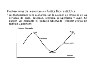 Fluctuaciones de la economía y Política fiscalFluctuaciones de la economía y Política fiscalFluctuaciones de la economía y Política fiscalFluctuaciones de la economía y Política fiscal anticíclicaanticíclicaanticíclicaanticíclica
• Las fluctuaciones de la economía, son la sucesión en el tiempo de los
períodos de auge, descenso, recesión, recuperación y auge. Se
pueden ver mediante el Producto Observado (recordar gráfica de
capítulo 1, página 9).
 