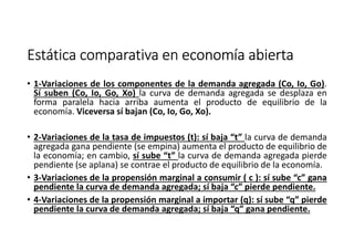 Estática comparativa enEstática comparativa enEstática comparativa enEstática comparativa en economía abiertaeconomía abiertaeconomía abiertaeconomía abierta
• 1-Variaciones de los componentes de la demanda agregada (Co, Io, Go).
Sí suben (Co, Io, Go, Xo) la curva de demanda agregada se desplaza en
forma paralela hacia arriba aumenta el producto de equilibrio de la
economía. Viceversa sí bajan (Co, Io, Go, Xo).
• 2-Variaciones de la tasa de impuestos (t): sí baja “t” la curva de demanda
agregada gana pendiente (se empina) aumenta el producto de equilibrio de
la economía; en cambio, sí sube “t” la curva de demanda agregada pierde
pendiente (se aplana) se contrae el producto de equilibrio de la economía.
• 3-Variaciones de la propensión marginal a consumir ( c ): sí sube “c” gana
pendiente la curva de demanda agregada; sí baja “c” pierde pendiente.
• 4-Variaciones de la propensión marginal a importar (q): sí sube “q” pierde
pendiente la curva de demanda agregada; sí baja “q” gana pendiente.
 