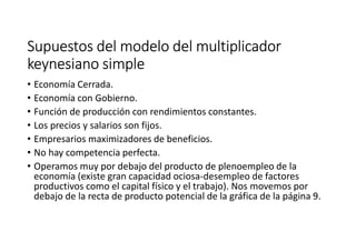 Supuestos del modelo del multiplicadorSupuestos del modelo del multiplicadorSupuestos del modelo del multiplicadorSupuestos del modelo del multiplicador
keynesiano simplekeynesiano simplekeynesiano simplekeynesiano simple
• Economía Cerrada.
• Economía con Gobierno.
• Función de producción con rendimientos constantes.
• Los precios y salarios son fijos.
• Empresarios maximizadores de beneficios.
• No hay competencia perfecta.
• Operamos muy por debajo del producto de plenoempleo de la
economía (existe gran capacidad ociosa-desempleo de factores
productivos como el capital físico y el trabajo). Nos movemos por
debajo de la recta de producto potencial de la gráfica de la página 9.
 