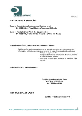 SUZUKI
8
R. Sta. Catarina, 65 s402A – 80.620-100 Curitiba-PR - Fone:(41)3343-4912 - Fax:(41)3342-4689 – patrimonio.jose@uol.com.br
11.RESULTADO DA AVALIAÇÃO:
Custo de Reposição dos Equipamentos (Custo de novo):
R$ 3.300.000,00 (Tres Milhões e Trezentos Mil Reais)
Custo de Reedição (Valor Atual) dos Equipamentos:
R$ 1.320.000,00 (Um Milhão, Trezentos e Vinte Mil Reais)
12.OBSERVAÇÕES COMPLEMENTARES IMPORTANTES:
As informações aqui contidas tem grau de precisão proporcional a consistência das
informações coletadas, bem como ao conjunto de procedimentos adotados, são eles:
- Vistoria ao equipamento;
- Pesquisa de mercado, em anúncios de jornais, revistas
e lojas de usados, internet;
- Não estão inclusas nesta Avaliação as Maquinas Fora
de uso.
13.PROFISSIONAL RESPONSÁVEL:
Eng Mec Jose Eduardo de Paula
CREA SP 157 390 / D
CPF 060538248-44
14.LOCAL E DATA DO LAUDO:
Curitiba 10 de Fevereiro de 2010
 