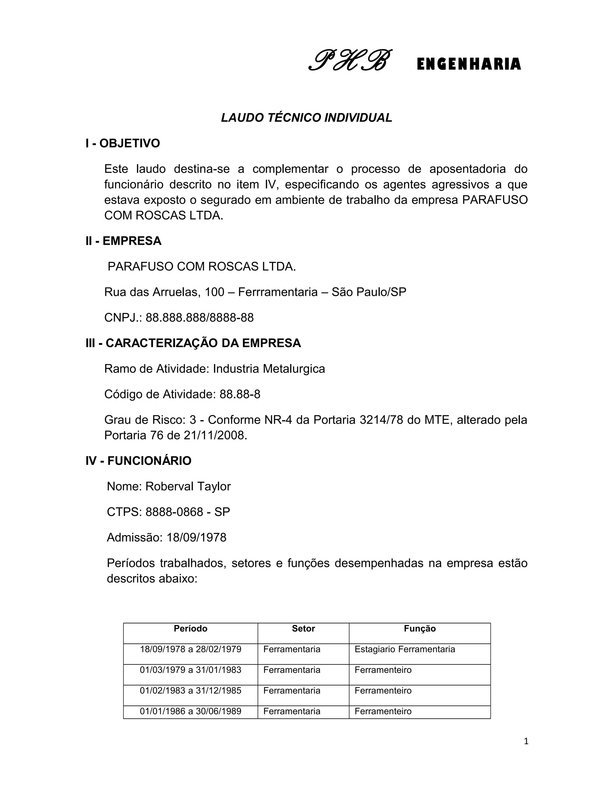 Modelo laudo tecnico individual para aposentadoria | DOC