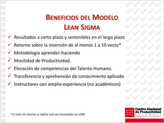 BENEFICIOS DEL MODELO
                                LEAN SIGMA
   Resultados a corto plazo y sostenibles en el largo plazo
   Retorno sobre la inversión de al menos 1 a 10 veces*
   Metodología aprender‐haciendo
   Movilidad de Productividad.
   Elevación de competencias del Talento Humano.
   Transferencia y aprehensión de conocimiento aplicado
   Instructores con amplia experiencia (no académicos)




* El valor de retorno se define una vez levantados los VSM.
 