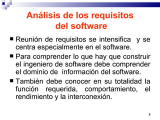 Análisis de los requisitos  del software Reunión de requisitos se intensifica  y se centra especialmente en el software. Para comprender lo que hay que construir el ingeniero de software debe comprender el dominio de  información del software. También debe conocer en su totalidad la función requerida, comportamiento, el rendimiento y la interconexión. 