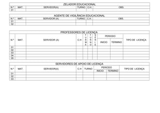 ZELADOR EDUCACIONAL
N.º MAT. SERVIDOR(A) TURNO C.H. OBS.
01
AGENTE DE VIGILÂNCIA EDUCACIONAL
N.º MAT. SERVIDOR (A) TURNO C.H. OBS.
01
02
PROFESSORES DE LICENÇA
N.º MAT. SERVIDOR (A) C.H
T
U
R
M
A
T
U
R
N
O
S
É
R
I
E
PERIODO
TIPO DE LICENÇA
INICIO TERMINO
01
02
03
04
05
SERVIDORES DE APOIO DE LICENÇA
N.º MAT. SERVIDOR(A) C.H TURNO
PERIODO
TIPO DE LICENÇA
INICIO TERMINO
01
02
03
 