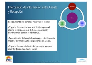 Intercambio de información entre Cliente                                                                                             Recepción



y Recepción
                                                                                                                                      Cliente


Conocimiento	
  del	
  canal	
  de	
  reserva	
  del	
  cliente.	
                                                                               Experience
                                                                                                                         Animación
                                                                                                                                                  Manager

-­‐El	
  grado	
  de	
  expectaBvas	
  será	
  disBnto	
  pues	
  el	
  
cliente	
  tendrá	
  acceso	
  a	
  disBnta	
  información	
  
dependiendo	
  del	
  canal	
  de	
  reserva.	
  

-­‐Dependiendo	
  del	
  canal	
  de	
  reserva	
  el	
  cliente	
  puede	
  
mostrar	
  disBnto	
  nivel	
  de	
  experiencia	
  en	
  viajes.	
  

-­‐El	
  grado	
  de	
  conocimiento	
  del	
  producto	
  va	
  a	
  ser	
  
disBnto	
  dependiendo	
  del	
  canal.	
  




                                            Conocimiento	
  by	
  MindProject	
  y	
  Grupo	
  Magic	
  Costa	
  Blanca	
  
 