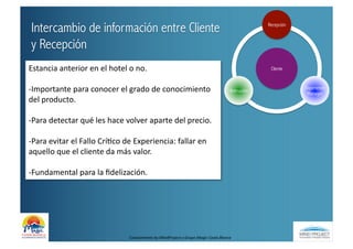 Intercambio de información entre Cliente                                                                                               Recepción



 y Recepción
Estancia	
  anterior	
  en	
  el	
  hotel	
  o	
  no.	
                                                                                  Cliente



-­‐Importante	
  para	
  conocer	
  el	
  grado	
  de	
  conocimiento	
                                                     Animación
                                                                                                                                                    Experience
                                                                                                                                                     Manager
del	
  producto.	
  

-­‐Para	
  detectar	
  qué	
  les	
  hace	
  volver	
  aparte	
  del	
  precio.	
  

-­‐Para	
  evitar	
  el	
  Fallo	
  CríBco	
  de	
  Experiencia:	
  fallar	
  en	
  
aquello	
  que	
  el	
  cliente	
  da	
  más	
  valor.	
  

-­‐Fundamental	
  para	
  la	
  ﬁdelización.	
  




                                               Conocimiento	
  by	
  MindProject	
  y	
  Grupo	
  Magic	
  Costa	
  Blanca	
  
 