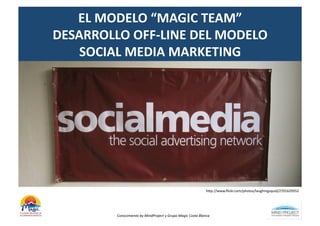 EL	
  MODELO	
  “MAGIC	
  TEAM”	
  
DESARROLLO	
  OFF-­‐LINE	
  DEL	
  MODELO	
  	
  
    SOCIAL	
  MEDIA	
  MARKETING	
  




                                                                                         h"p://www.ﬂickr.com/photos/laughingsquid/2701629552	
  




              Conocimiento	
  by	
  MindProject	
  y	
  Grupo	
  Magic	
  Costa	
  Blanca	
  
 