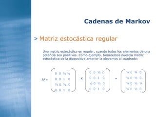 >   Matriz estocástica regular Cadenas de Markov Una matriz estocástica es regular, cuando todos los elementos de una potencia son positivos. Como ejemplo, tomaremos nuestra matriz estocástica de la diapositiva anterior la elevamos al cuadrado: 0  0  ½ ½ 0  0  1  0 ½ 0  ½  0 0  0  1  0 A²= X 0  0  ½ ½ 0  0  1  0 ½ 0  ½  0 0  0  1  0 ¼ 0  ¾  0 ½ 0  ½  0 ¼ 0  ½  ¼  ½ 0  ½  0 = 