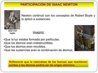 PARTICIPACIÓN DE ISAAC NEWTON


               Newton continuó con los conceptos de Robert Boyle y
               lo aplicó a sustancias.


   1642-1727
     Inglés           Imaginó:

•Que la luz estaba formada por partículas.
•Que los átomos eran indestructibles.
•Que los átomos eran movibles.
•Que las sustancias eran la combinación de átomos.


    Reflexionó que la naturaleza de las fuerzas que mantienen
    unidos a los átomos podría ser de origen eléctrico.
 