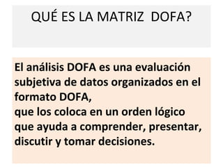 QUÉ ES LA MATRIZ DOFA?
El análisis DOFA es una evaluación
subjetiva de datos organizados en el
formato DOFA,
que los coloca en un orden lógico
que ayuda a comprender, presentar,
discutir y tomar decisiones.

 