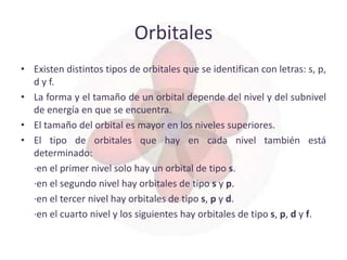 Orbitales
• Existen distintos tipos de orbitales que se identifican con letras: s, p,
  d y f.
• La forma y el tamaño de un orbital depende del nivel y del subnivel
  de energía en que se encuentra.
• El tamaño del orbital es mayor en los niveles superiores.
• El tipo de orbitales que hay en cada nivel también está
  determinado:
  ·en el primer nivel solo hay un orbital de tipo s.
  ·en el segundo nivel hay orbitales de tipo s y p.
  ·en el tercer nivel hay orbitales de tipo s, p y d.
  ·en el cuarto nivel y los siguientes hay orbitales de tipo s, p, d y f.
 