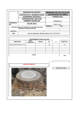 MUNICIPIO DE SACHICA MEMORIA DE CALCULO DE
CANTIDADES DE OBRACONTRATISTA: NORMAN DARIO
GUERRERO VALENCIA FORMATO 001
INTERVENTOR: ING IVAN
RAMIREZ GONZALEZ VERSION 01
CONTRATO
No 034 DE 2012 PAG 1 de 1
CONSTRUCCION DE UN TRAMO DE ALCANTARILLADO EN EL
MUNICIPIO DE SÁCHICA BOYACÁ
UNIDAD : und
CAPITULO 1
ITEM Pozo de Inspección, diámetro interior 1.2 m, 1.0 £ H £ 1.5
PROCEDIMIENTO PARA CALCULO
UBICACIÓN
AREA
CIRCULAR
ANCHO No H SUBTOTAL
POZO DE INSPECCION H=1,5 m 1,00 1,00
TOTAL
1,00
SOPORTE GRAFICO:
OBSERVACIONES
 