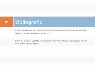 27

Bibliografia
Centro de Estudos de Genoma Humano, Observação de Mitose em raiz de
cebola, consultado na Internet in >>>>

Silva, A. & outros (2008). Terra Universo de Vida- Manual de Biologia de 11º
ano. Porto: Porto Editora.

Escola Secundária da Póvoa de Lanhoso, 2011

 