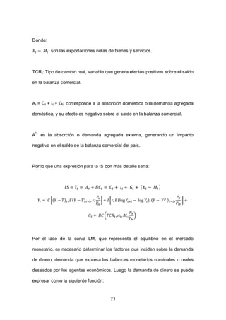 23
Donde:
: son las exportaciones netas de bienes y servicios.
TCRt: Tipo de cambio real, variable que genera efectos positivos sobre el saldo
en la balanza comercial.
At = Ct + It + Gt: corresponde a la absorción doméstica o la demanda agregada
doméstica, y su efecto es negativo sobre el saldo en la balanza comercial.
A*
: es la absorción o demanda agregada externa, generando un impacto
negativo en el saldo de la balanza comercial del país.
Por lo que una expresión para la IS con más detalle sería:
( )
[( ) ( ) ] [ ( ) ( ) ]
( )
Por el lado de la curva LM, que representa el equilibrio en el mercado
monetario, es necesario determinar los factores que inciden sobre la demanda
de dinero, demanda que expresa los balances monetarios nominales o reales
deseados por los agentes económicos. Luego la demanda de dinero se puede
expresar como la siguiente función:
 