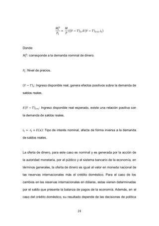 24
(( ) ( ) )
Donde:
: corresponde a la demanda nominal de dinero.
: Nivel de precios.
( ) : Ingreso disponible real, genera efectos positivos sobre la demanda de
saldos reales.
( ) : Ingreso disponible real esperado, existe una relación positiva con
la demanda de saldos reales.
( ): Tipo de interés nominal, afecta de forma inversa a la demanda
de saldos reales.
La oferta de dinero, para este caso es nominal y es generada por la acción de
la autoridad monetaria, por el público y el sistema bancario de la economía, en
términos generales, la oferta de dinero es igual al valor en moneda nacional de
las reservas internacionales más el crédito doméstico. Para el caso de los
cambios en las reservas internacionales en dólares, estas vienen determinadas
por el saldo que presente la balanza de pagos de la economía. Además, en el
caso del crédito doméstico, su resultado depende de las decisiones de política
 